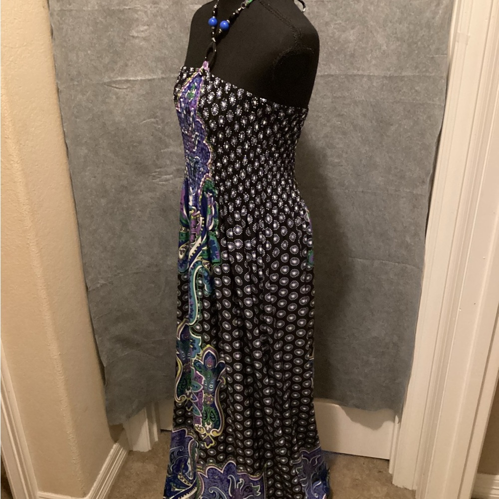 Magic Strapless Maxi Dress in Purple, Black and Green Paisley. C37 - Picture 4 of 5